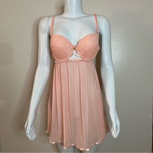 Peach mesh lingerie cutout crisscross  babydoll T-string thong two piece set